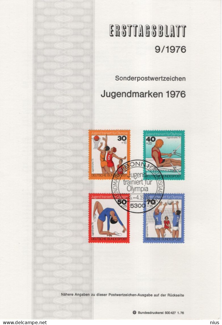 Germany Deutschland 1976-09 Jugend Jugendmarken, Basketball Rowing Volleyball Gymnastics Turnen Rudern Sport, Bonn - 1974-1980