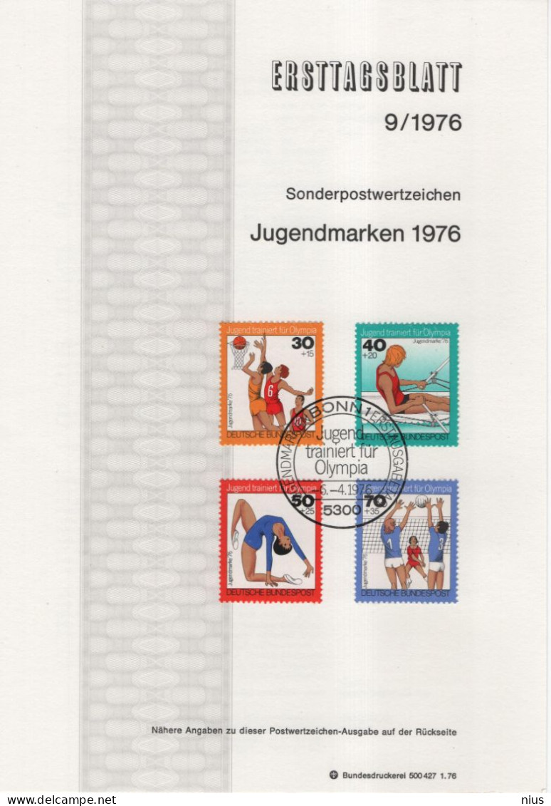 Germany Deutschland 1976-9 Jugend Jugendmarken, Basketball Rowing Volleyball Gymnastics Turnen Rudern Sport, Bonn - 1974-1980