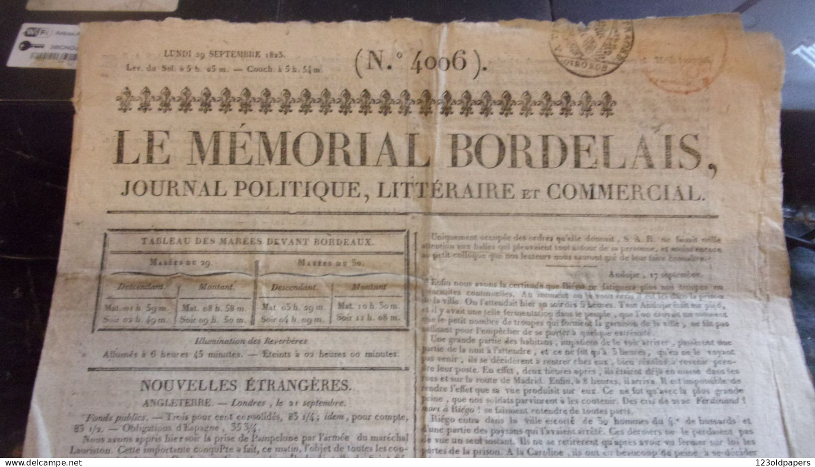 RARE 1823 LE MEMORIAL BORDELAIS JOURNAL POLITIQUE LITTERAIRE /LOUIS XVIII ROI DE FRANCE FLEUR DE LYS ROYAUTE - Aquitaine