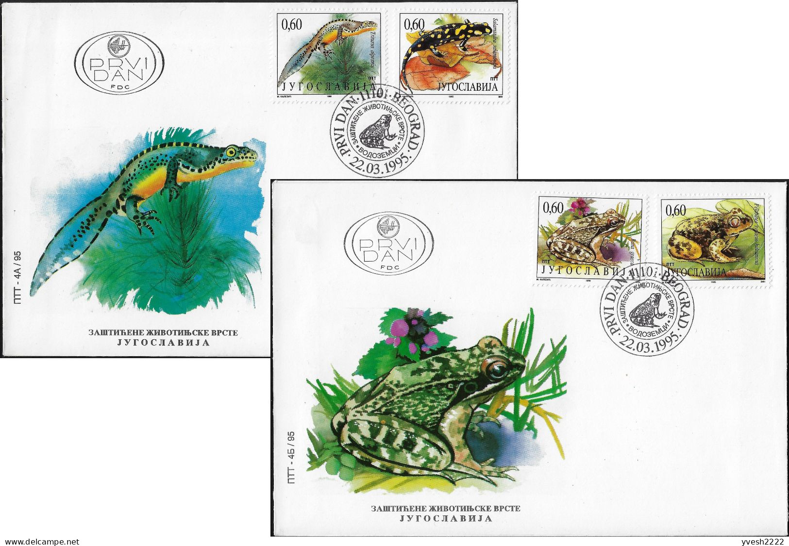 Yougoslavie 1995 Y&T 2567 à 2570 Sur 2 FDC. Faune Protégée. Reptiles, Grenouille, Triton Alpestre, Salamandre... - Grenouilles