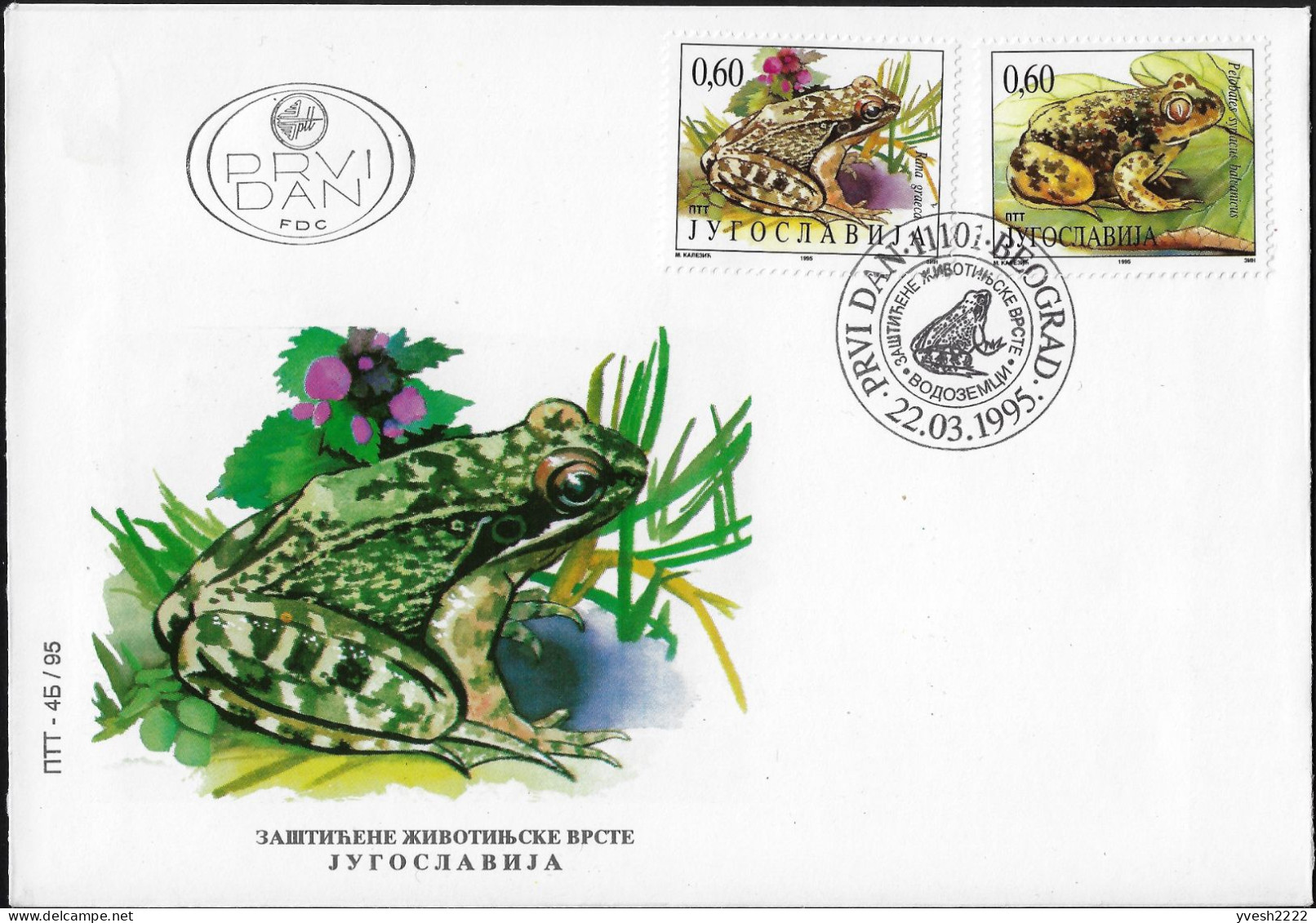 Yougoslavie 1995 Y&T 2567 à 2570 Sur 2 FDC. Faune Protégée. Reptiles, Grenouille, Triton Alpestre, Salamandre... - Grenouilles