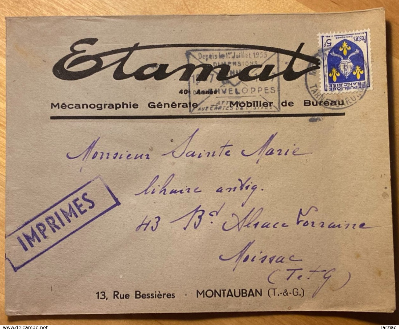 Enveloppe Commerciale Etamat Affranchie Blason Saintonge Oblitération Flamme Montauban Tarn Et Garonne Tarif Imprimés - Tarifas Postales