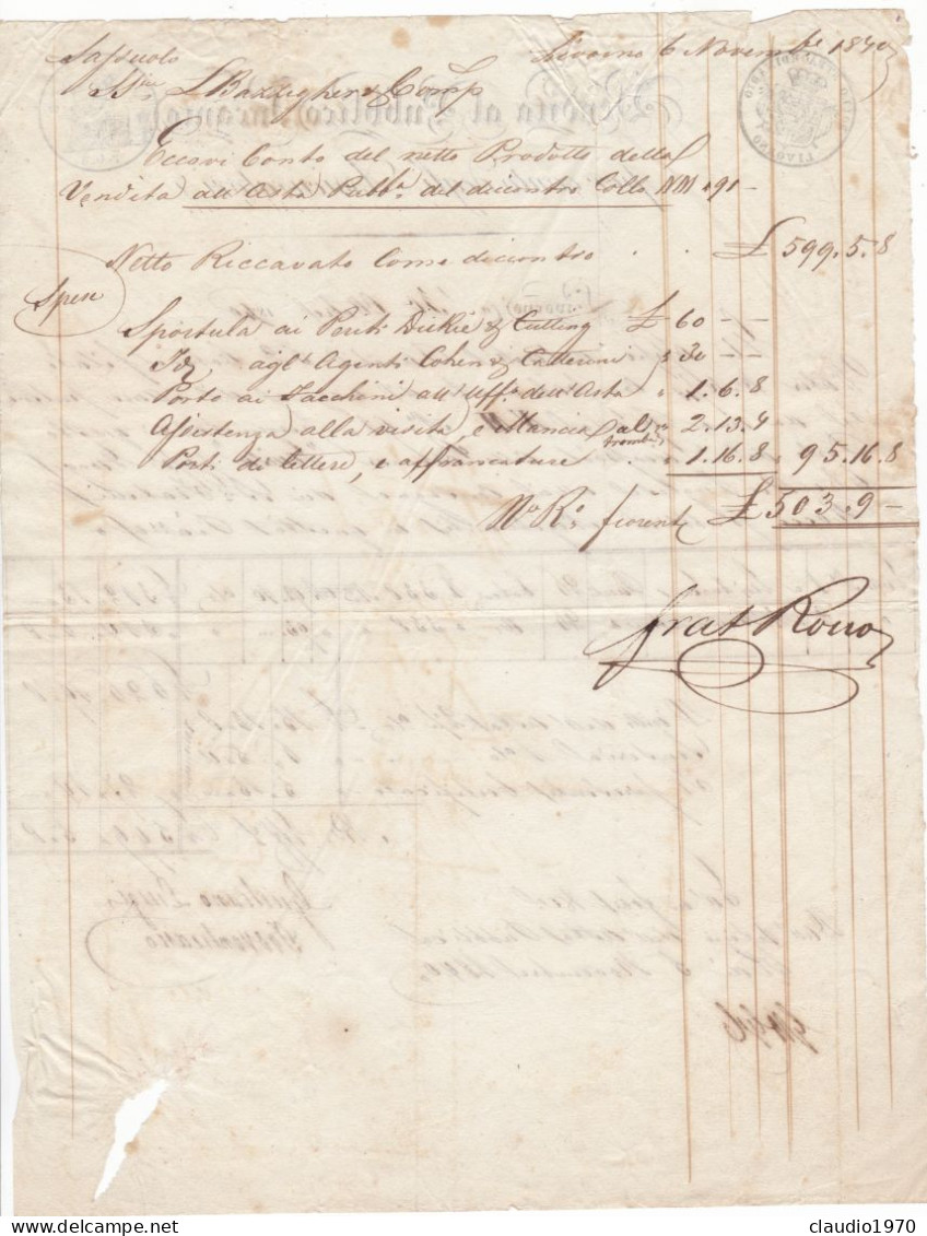 LIVORNO -DOCUMENTO -  FATTURA - VENDITA AL PUBBLICO INCANTO PER CONTO DEGLI ASSICURATORI - 1840 - Italy