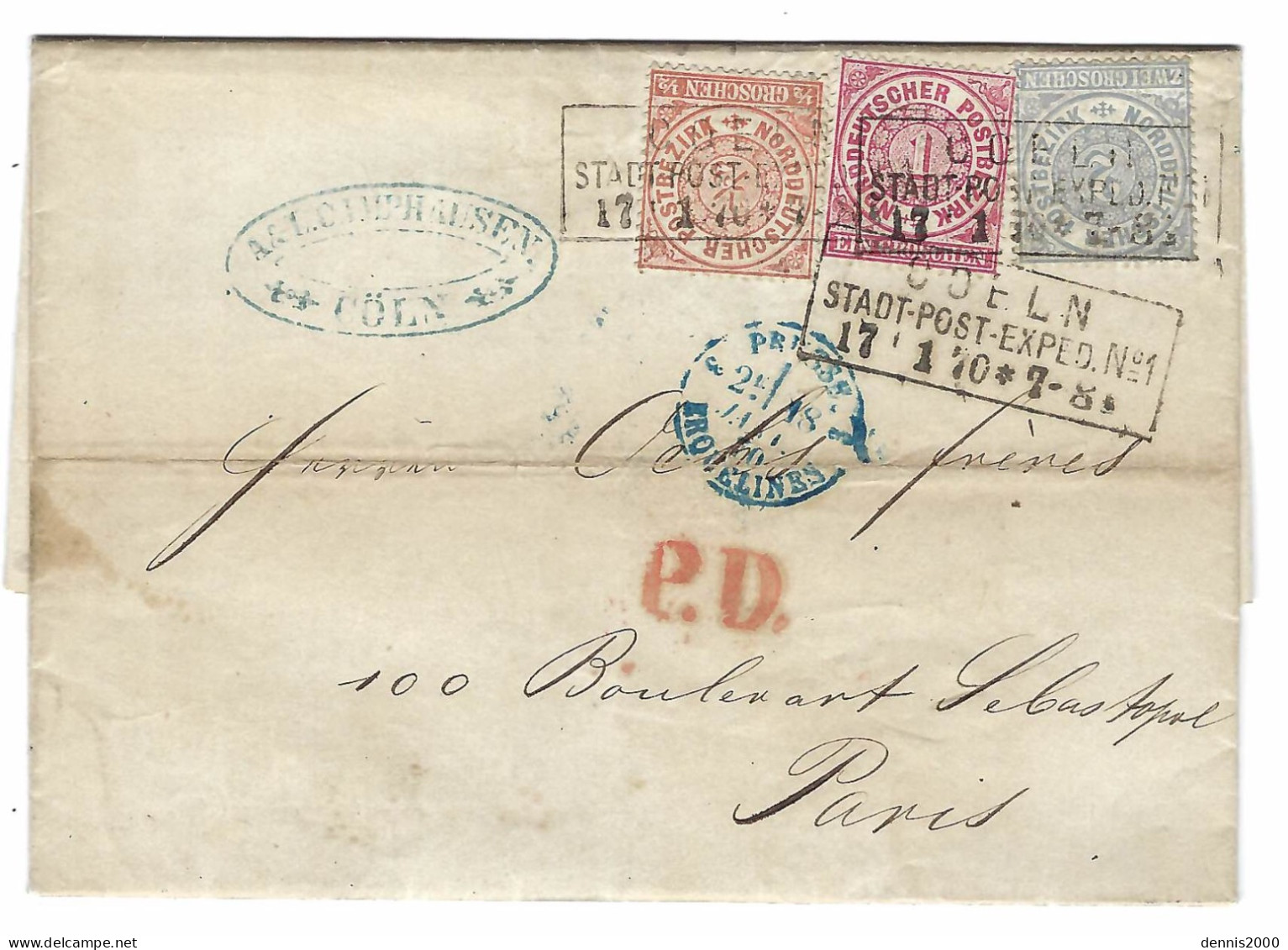 1870 - Letter From Cöln To Paris - Franking Michel N°3,4,5 - Briefe U. Dokumente