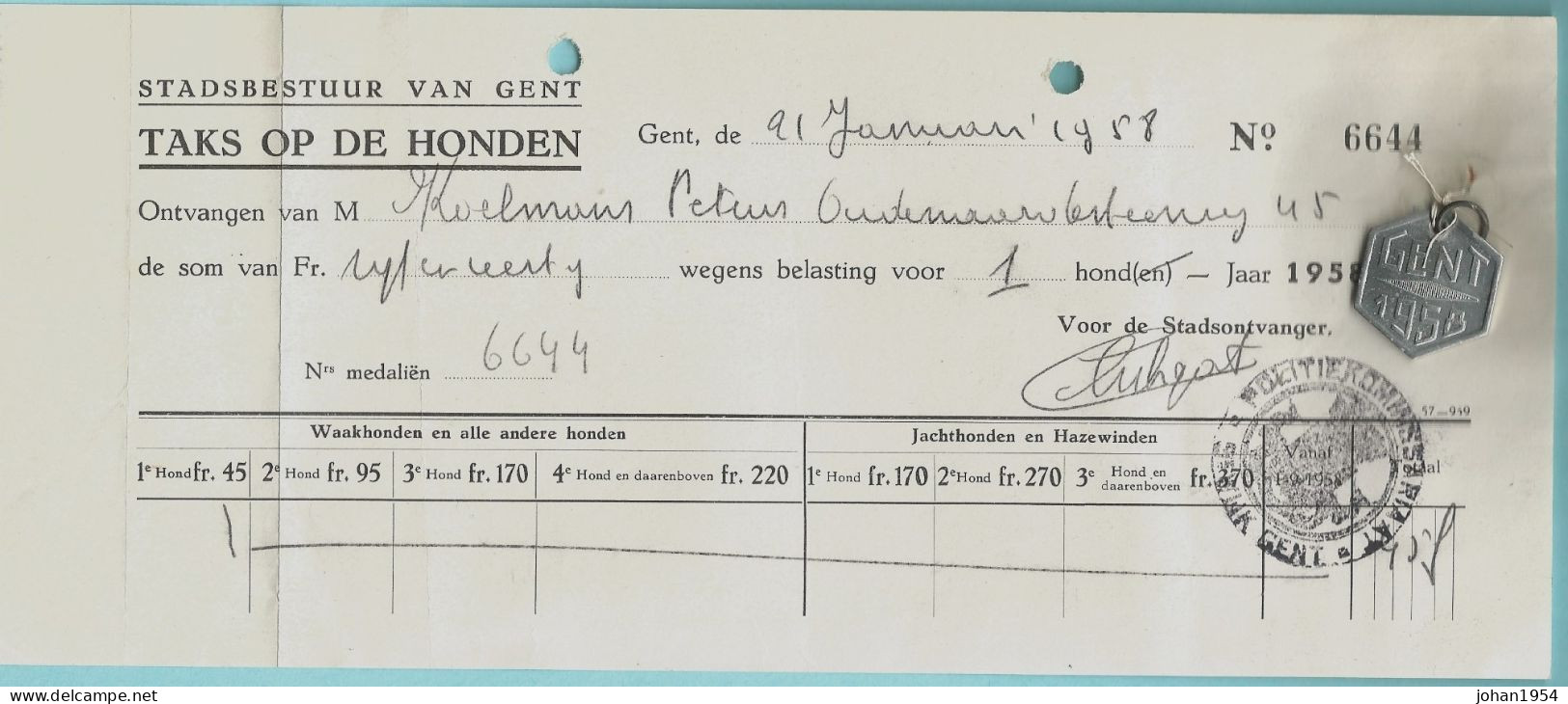 Hondenbelasting GENT 1958 - Penning + Ontvangstbewijs Stad Gent - Autres & Non Classés