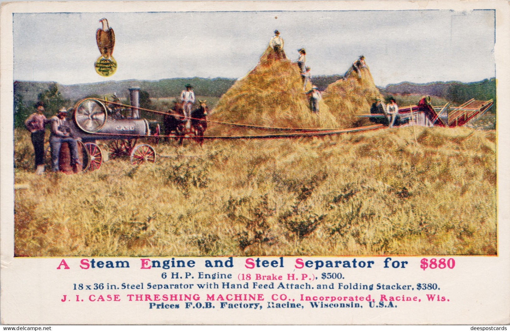 J.I. Case Threshing Machine Co Advertising Steam Engine Separator Machinery Farming Agriculture Racine WI Postcard Z2 - Racine