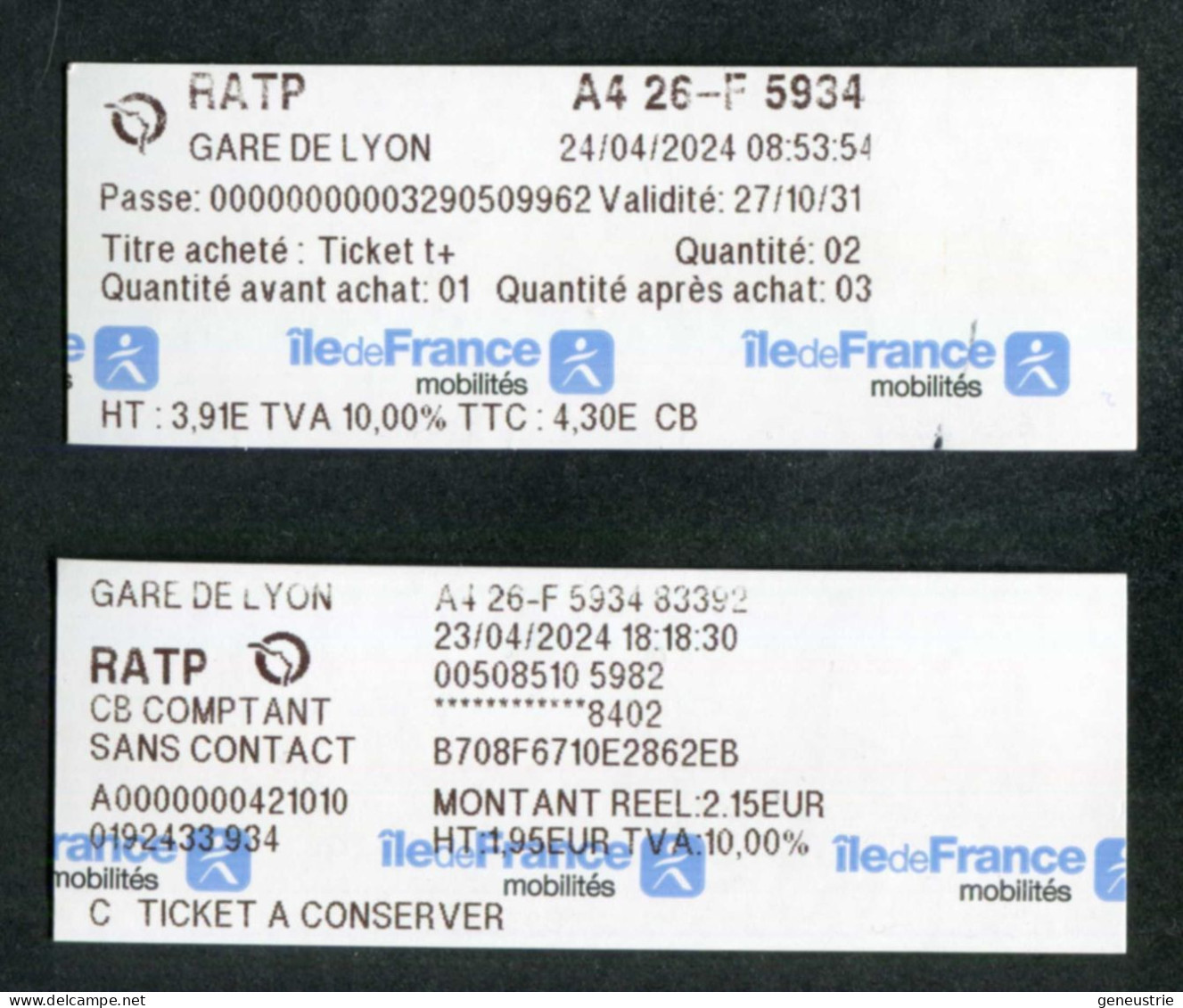 Lot De 2 Tickets (facture, Reçu) De Metro, Bus - Paris Gare De Lyon - RATP - Train Ticket "Ile-de-France Mobilité" - Europa