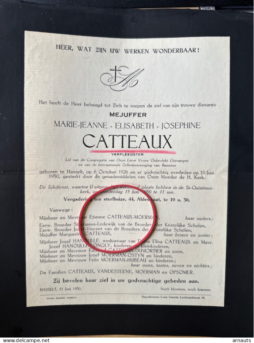 Mejuffer Marie-Jeanne Catteaux Verpleegster Banneux *1926 Hasselt +1950 Hasselt Moerman Hanoulle Longly Ostyn Hubeau Dum - Décès