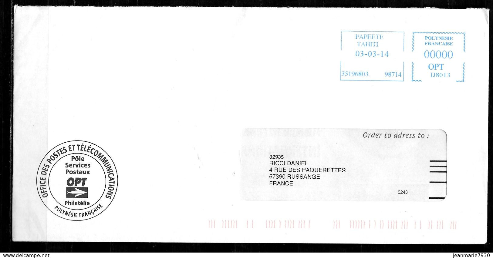 C493 - MACHINE A AFFRANCHIR - LETTRE DE PAPEETE TAHITI DU 03/03/2014 - IJ8013 - Briefe U. Dokumente
