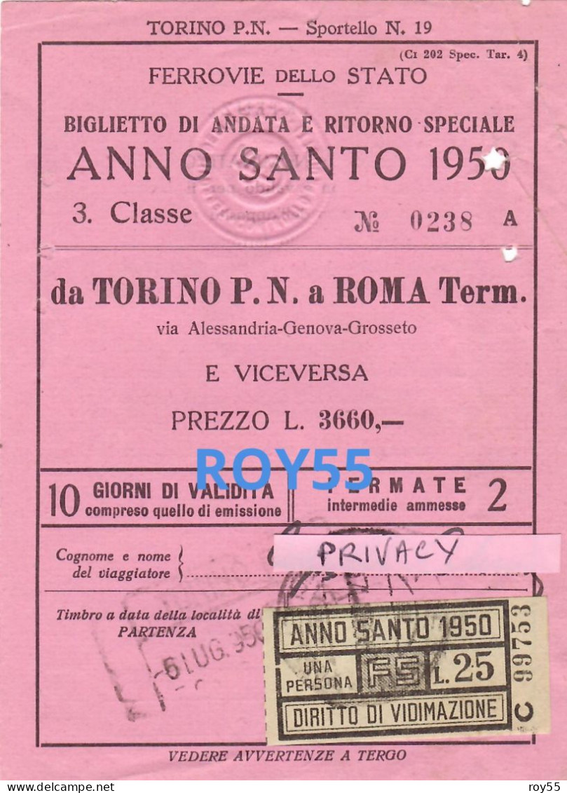 Biglietto Treno Di Andata E Ritorno Speciale Anno Santo 1950 3 Classe Da Torino P.n. A Roma Termini E Viceversa (retro) - Other & Unclassified