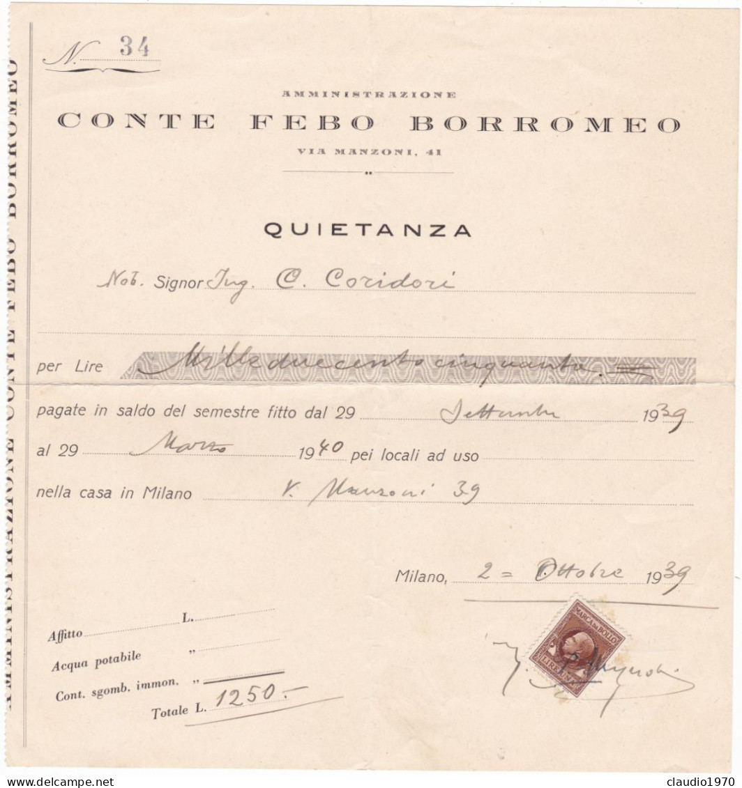 DOCUMENTO - MILANO - FATTURA - AMMINISTRAZIONE - CONTE FEBO BORROMEO - QUITANZA - 1939 - Italië