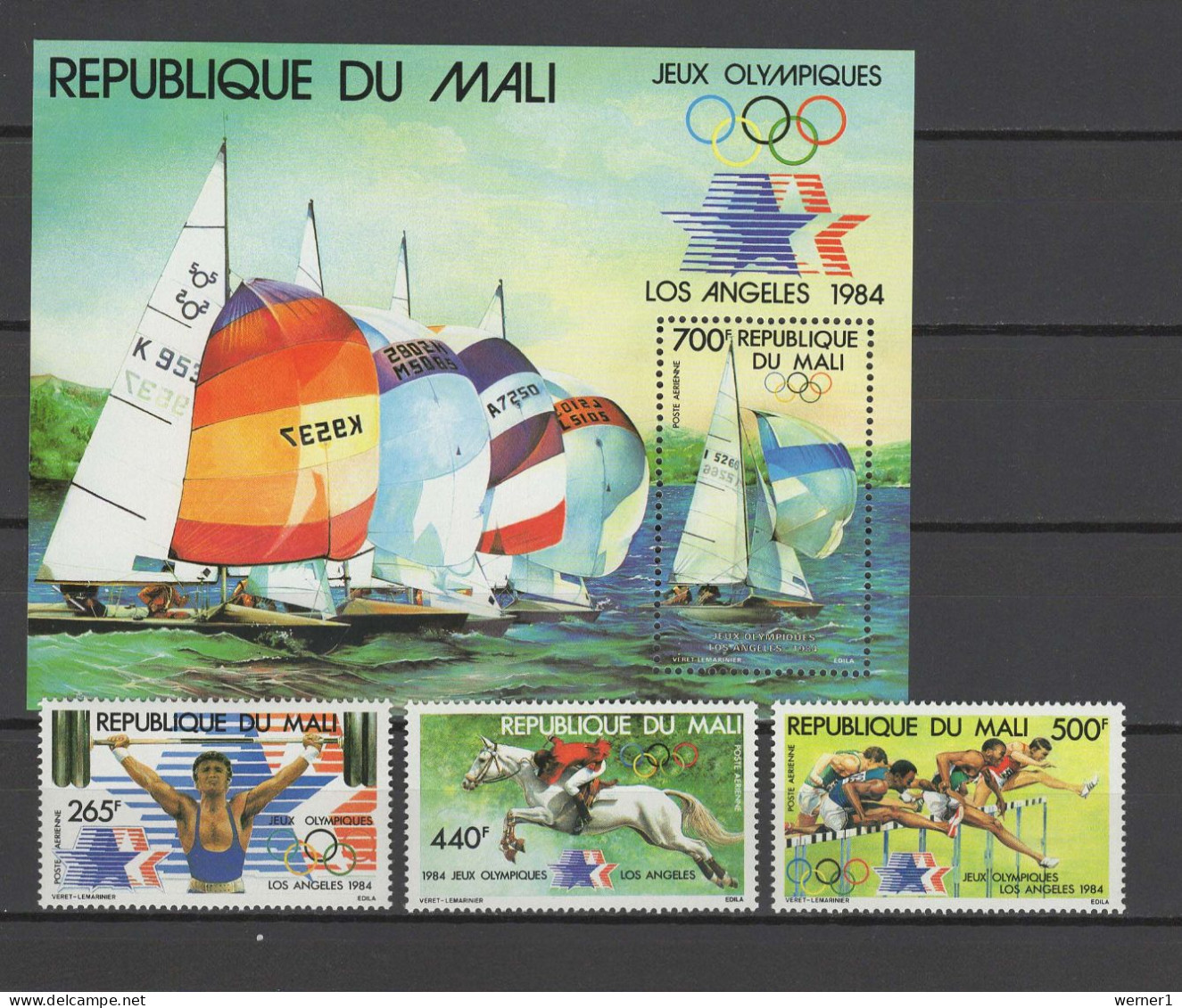 Mali 1984 Olympic Games Los Angeles, Sailing, Weightlifting, Equestrian, Hurdles Set Of 3 + S/s MNH - Sommer 1984: Los Angeles