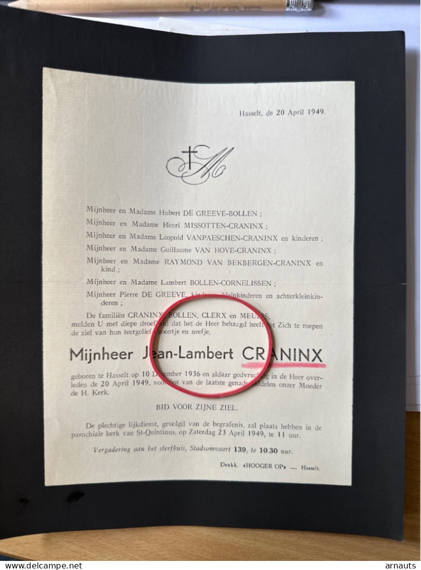 Mijnheer Jean-Lambert Craninx *1936 Hasselt +1949 Hasselt Zoon Hubert De Greeve Bollen Vanpaeschen Van Bekbergen Meubis - Obituary Notices