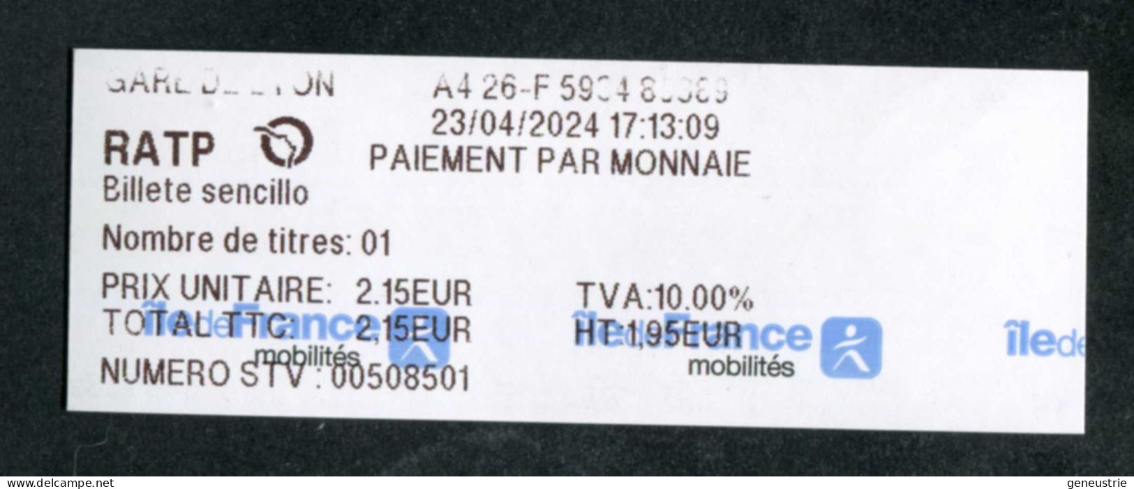 Tickets (reçu) De Metro, Bus (Version Espagnole) Paris Gare De Lyon - RATP - Train Ticket "Ile-de-France Mobilité" - Europe