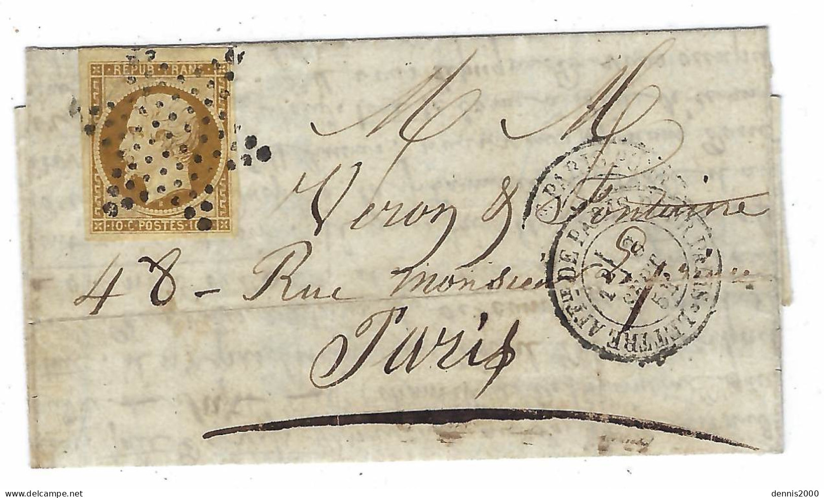 1854 - Lettre PARIS Pour Paris Affr. N°9 10 C Rep.Française ( 4 Très Belles Marges ) Oblit. étoile Pleine + Cad N°1337 - 1849-1876: Periodo Classico