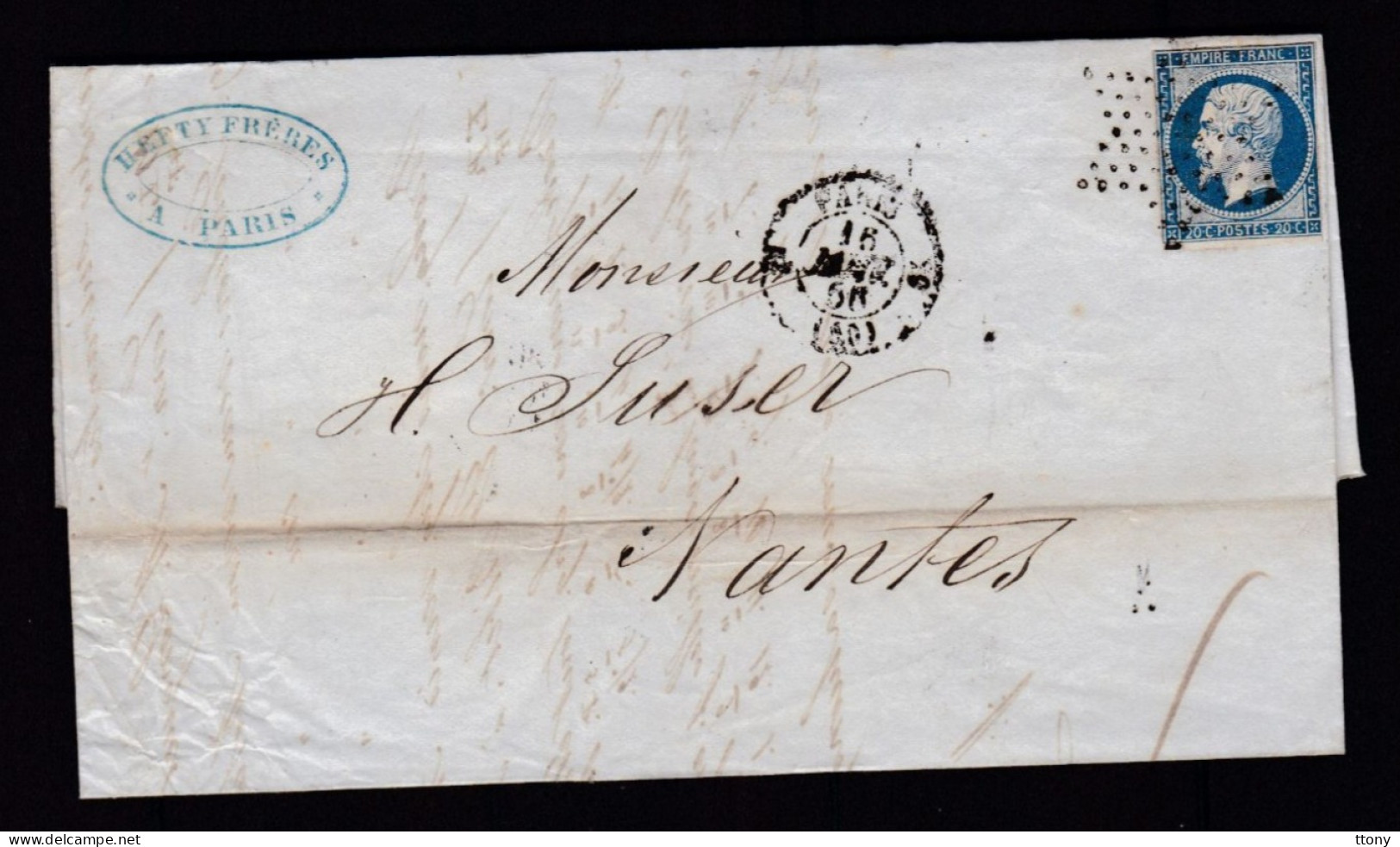 Timbre N° 14 Napoléon III  Bleu  Foncé  Etoile De Paris  20 C   Sur Lettre   1856    Destination   Nantes - 1853-1860 Napoléon III.