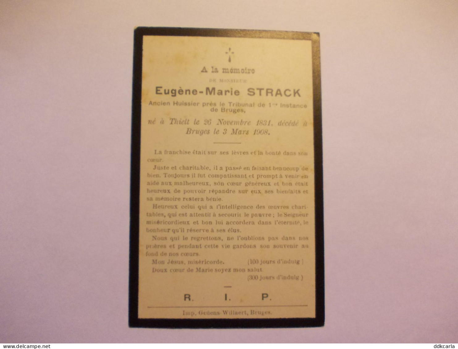 Doodsprentje Van Eugène Marie Strack Né Thielt 1831 - Décédé Bruges 1908 - Ancien Huissier Près Le Tribunal De 1ere Inst - Imágenes Religiosas