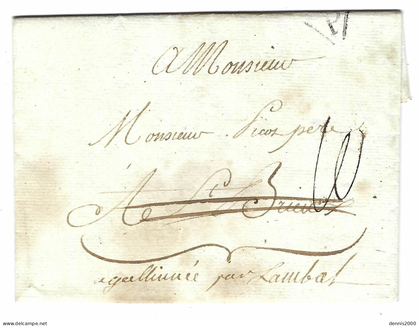 1780 - Lettre De PARIS P Dans Un Triangle Noir Taxe 10 Sous Pour Lamballe - Au Dos " Deb De St Brieuc " Manuscrit - 1701-1800: Precursori XVIII