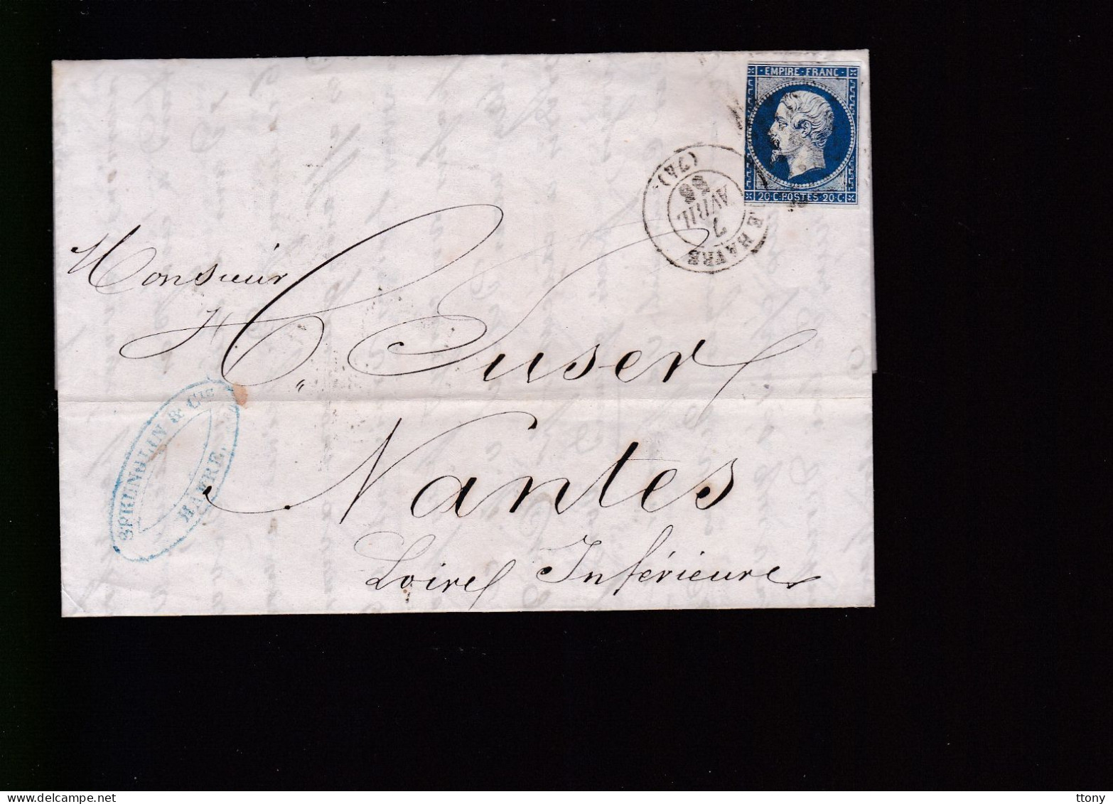 Timbre N° 14 Napoléon III  Bleu  Foncé  20 C   Sur Lettre   1856  Départ   Le Havre   Destination   Nantes - 1853-1860 Napoléon III