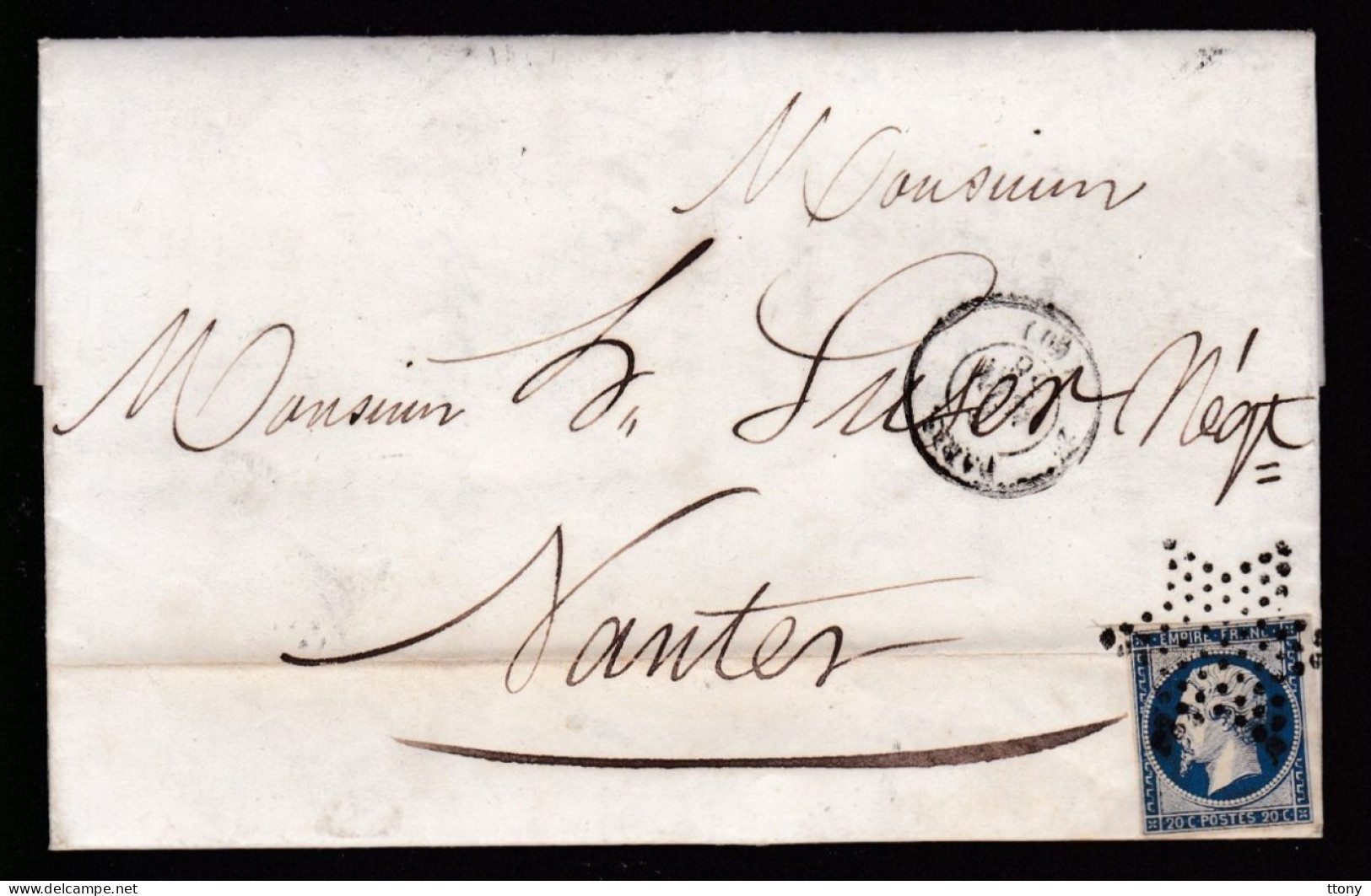 Timbre N° 14 Napoléon III  Bleu  Foncé  20 C   Sur Lettre  Etoile De Paris  1856    Destination   Nantes - 1853-1860 Napoléon III.