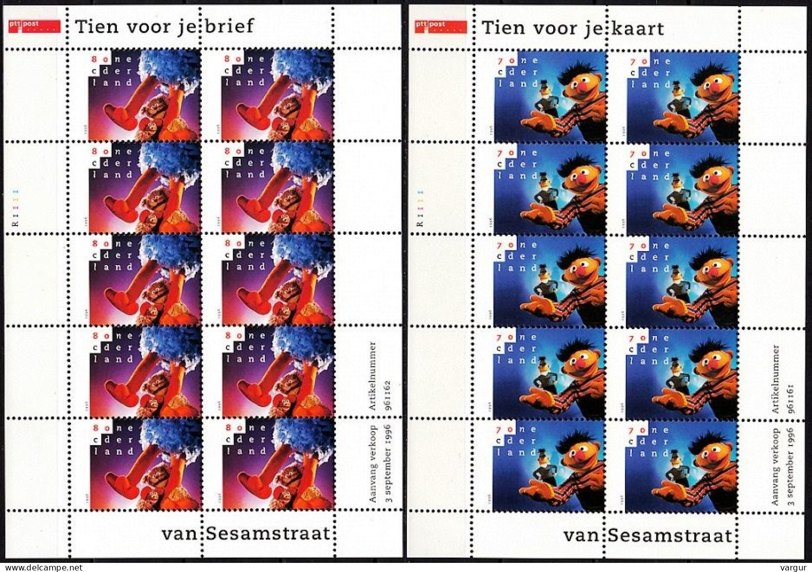 NETHERLANDS 1996 Mi. 1588Klb-1589Klb. Sesame Street Fun Program On TV. 2 MINI-SHEETS, MNH - Bloks