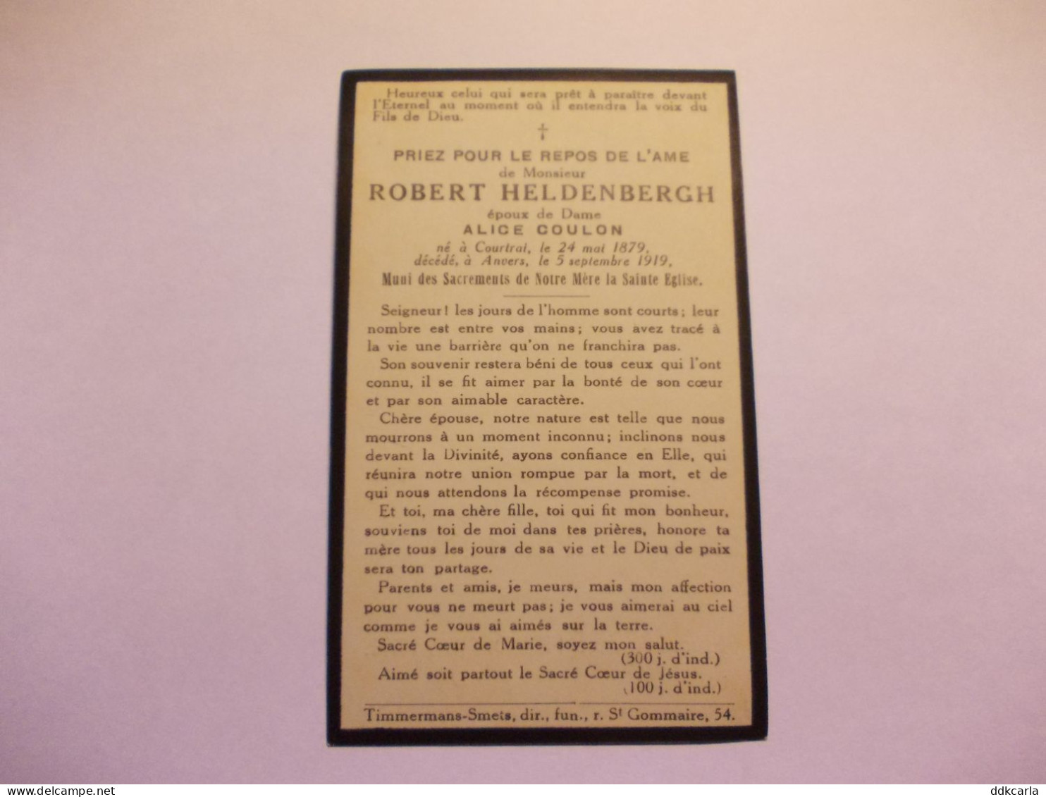 Doodsprentje Van Hugo Robert Heldenbergh Né Courtrai 1879 - Décédé Anvers 1919 - Images Religieuses