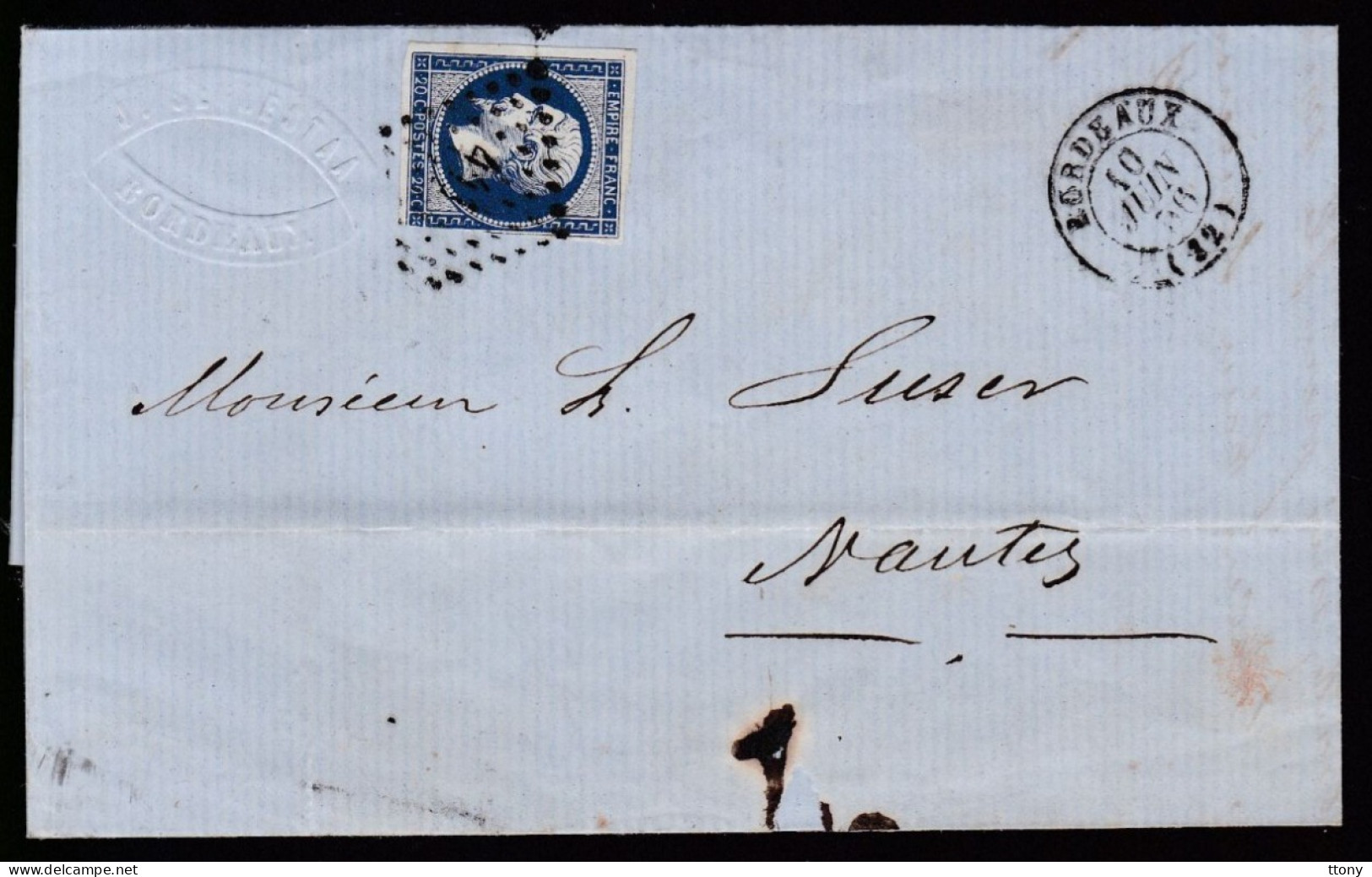 Timbre N° 14 Napoléon III  Bleu  Foncé  20 C   Sur Lettre  Départ  Bordeaux   1856    Destination   Nantes Pc 441 - 1853-1860 Napoleon III