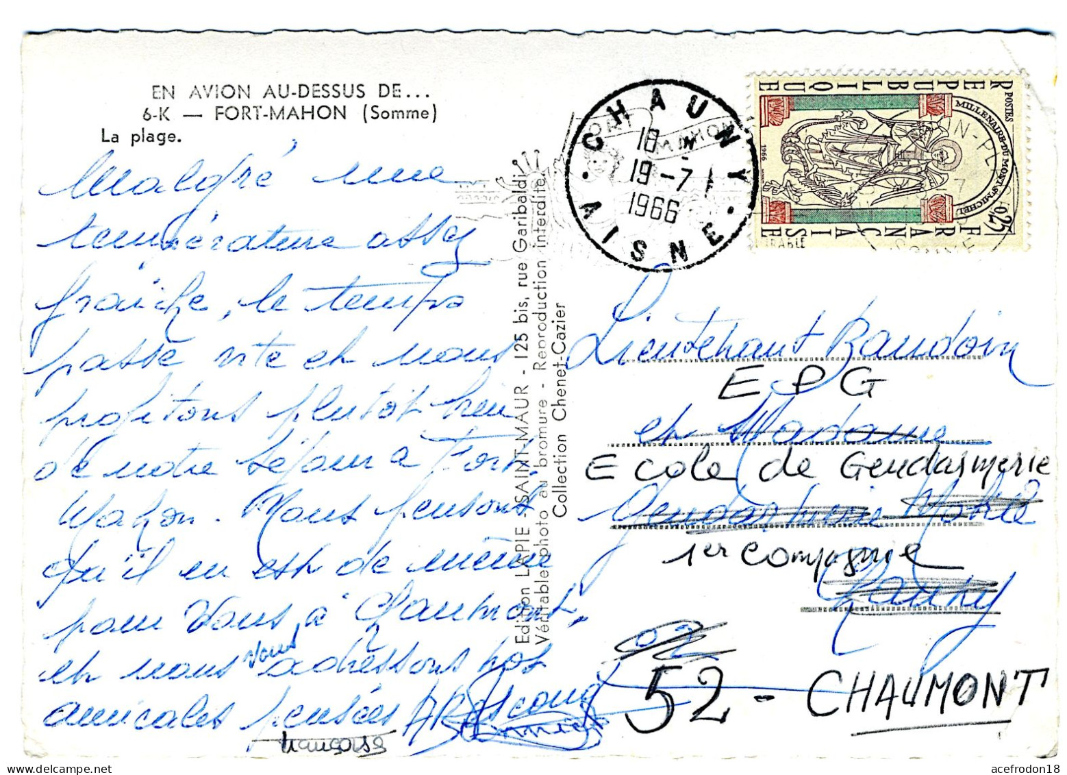 CP Postée De Chauny (02) Pour Chaumont (52) - Fort-Mahon - Timbre Millénaire Du Mont Saint-Michel 1966 - Usados
