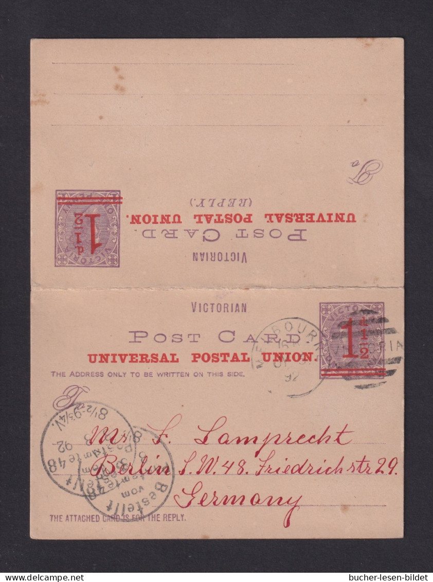 1892 - 1 1/2 P. Überdruck-Doppel-Ganzsache (P 13) Ab Melbourne Nach Berlin - Covers & Documents