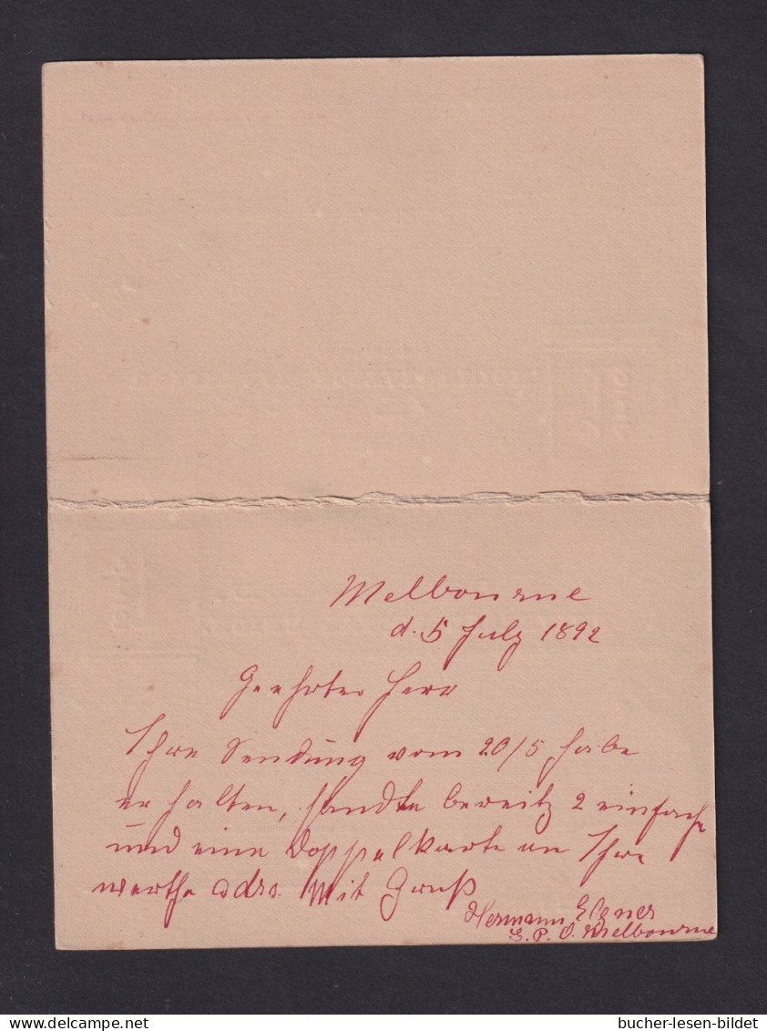 1892 - 1 1/2 P. Überdruck-Doppel-Ganzsache (P 13) Ab Melbourne Nach Berlin - Brieven En Documenten