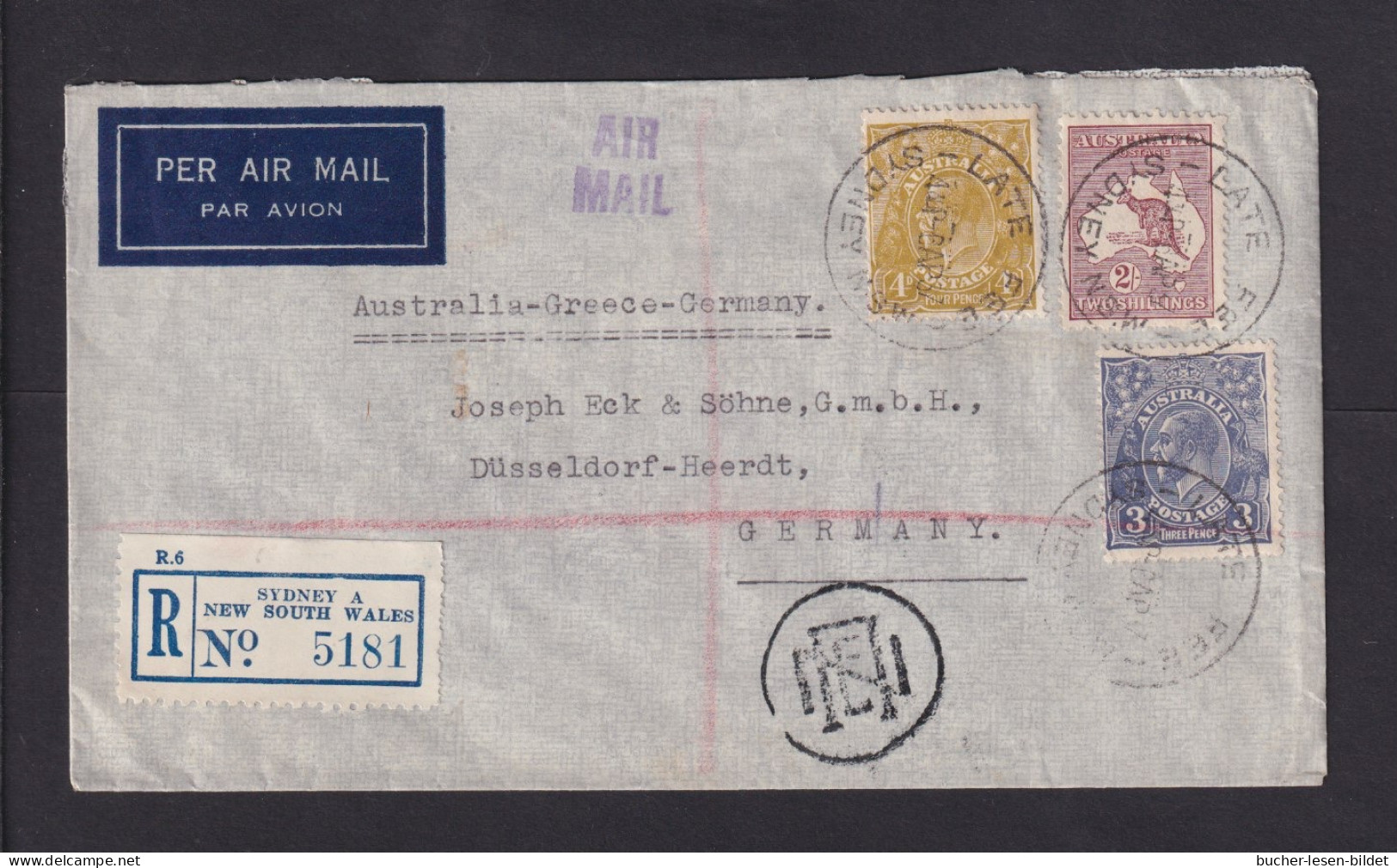 1937 - Einschreib-Flugpostbrief Mit 2 Sh. Ab Sydney Nach Düsseldorf - Late-Fee Paid - Cartas & Documentos