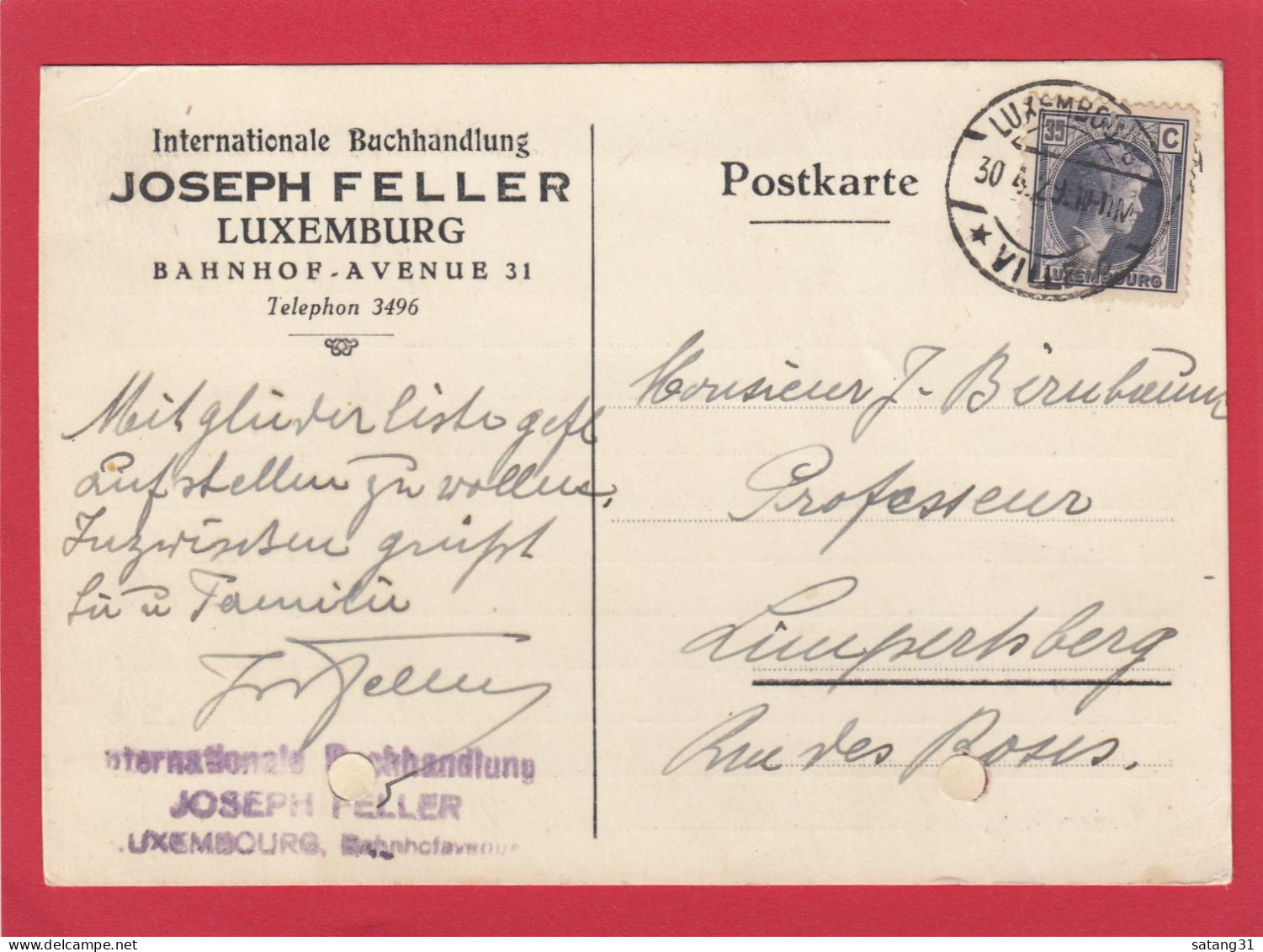 INTERNATIONALE BUCHHANDLUNG,JOSEPH FELLER,LUXEMBURG.POSTKARTE NACH LIMPERSTBERG,1929. - Lettres & Documents