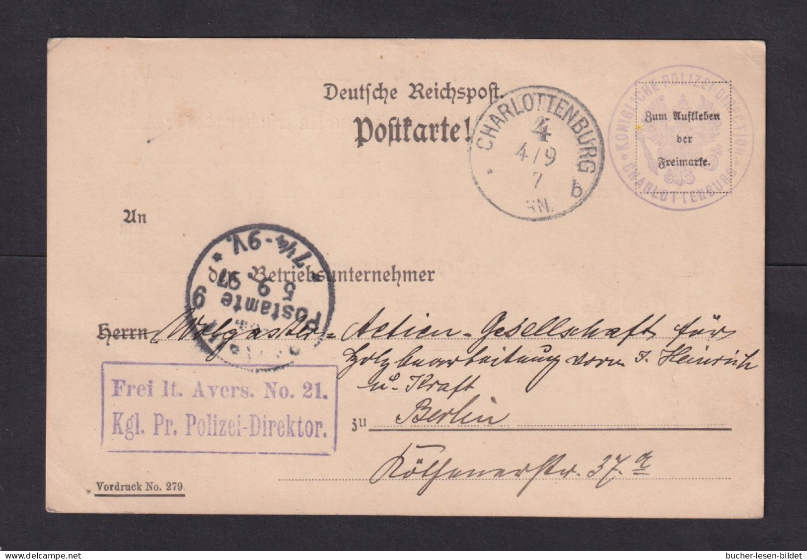 1897 - Portofreie Dienstkarte "Fr. Lt... Kgl. Pr. Polizei-Direktor" - Ab Charlottenburg - Policia – Guardia Civil