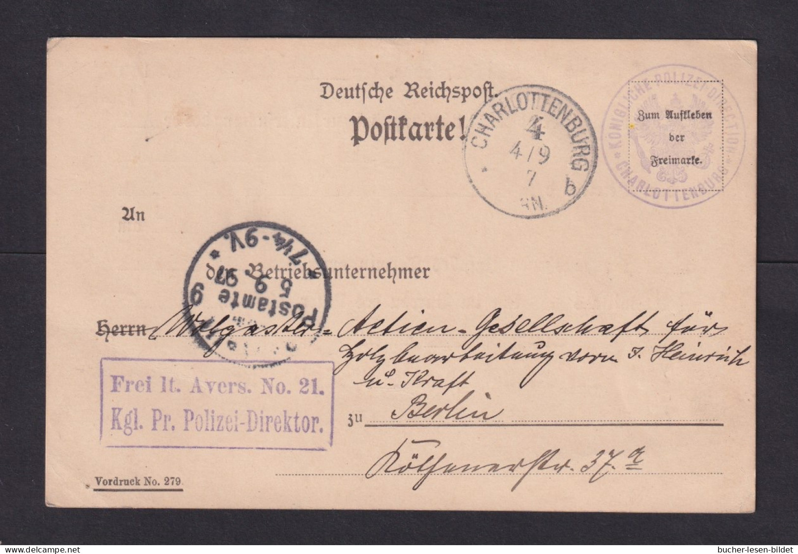 1897 - Portofreie Dienstkarte "Fr. Lt... Kgl. Pr. Polizei-Direktor" - Ab Charlottenburg - Politie En Rijkswacht
