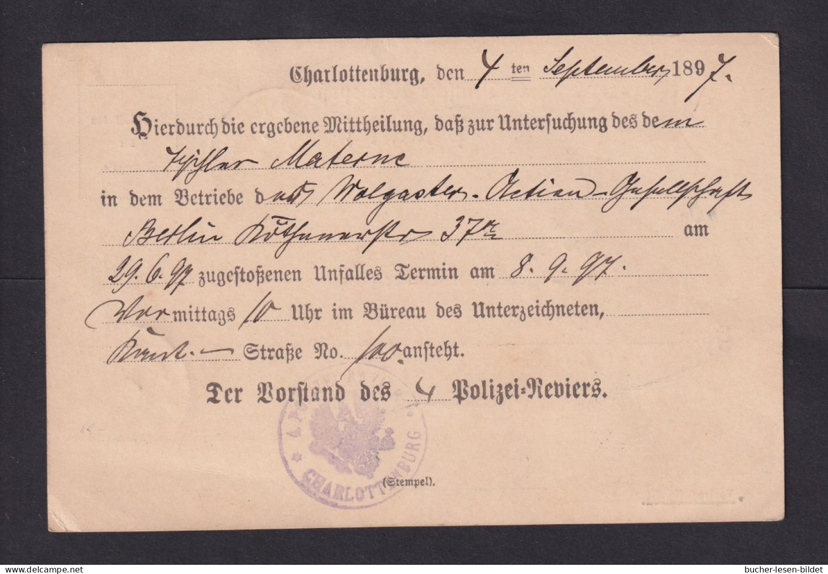 1897 - Portofreie Dienstkarte "Fr. Lt... Kgl. Pr. Polizei-Direktor" - Ab Charlottenburg - Policia – Guardia Civil