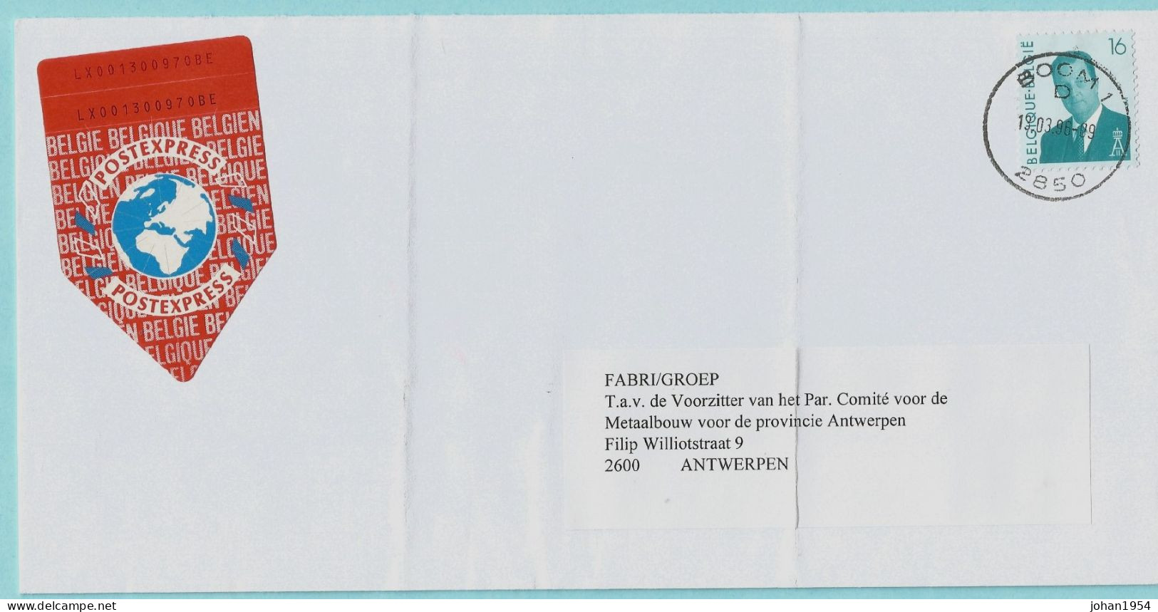 POST EXPRESS-vignet Op Brief, Afst. BOOM 13/03/1996 - Briefe U. Dokumente