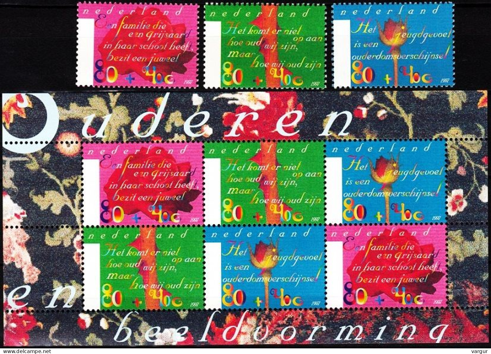 NETHERLANDS 1997 Mi. 1613-15, Bl. 53. Summer Stamps. Jobs For The Aged. Roses, MNH - Roses