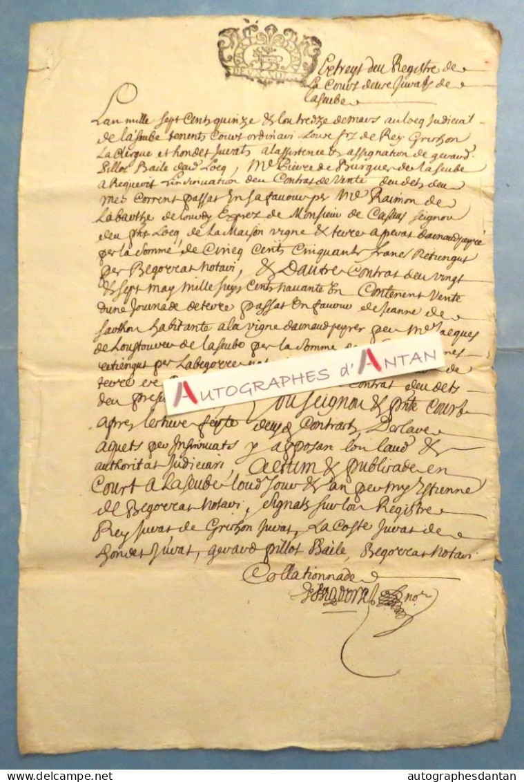 ● Parlement De Pau 1715 Pierre De BURGUES De Laseube (Lasseube) Acte Manuscrit Cachet Basses Pyrénées Généralité - Seals Of Generality