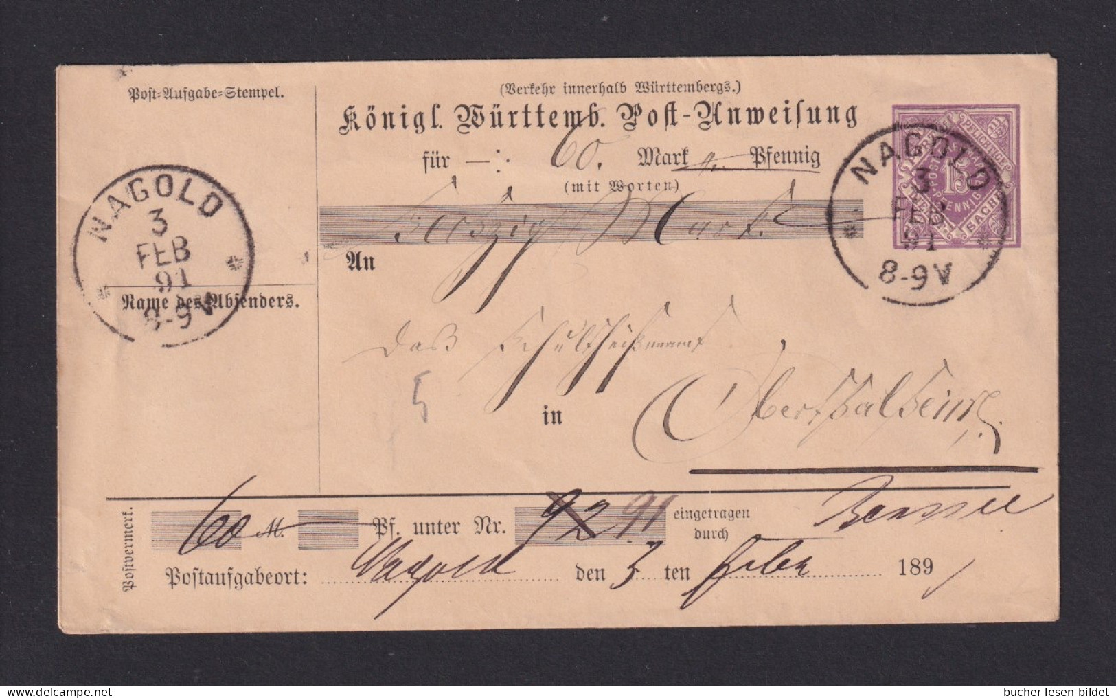 1891 - 15 Pf. Postanweisung-DIenst-Ganzsache (ADU 5) Ab Nagold Nach Gundringen - Altri & Non Classificati