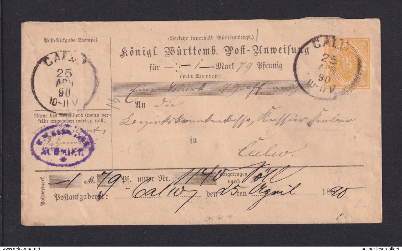 1891 - 15 Pf. Postanweisung-Dienst-Ganzsache (ADU 3) Ab Urach  - Sonstige & Ohne Zuordnung