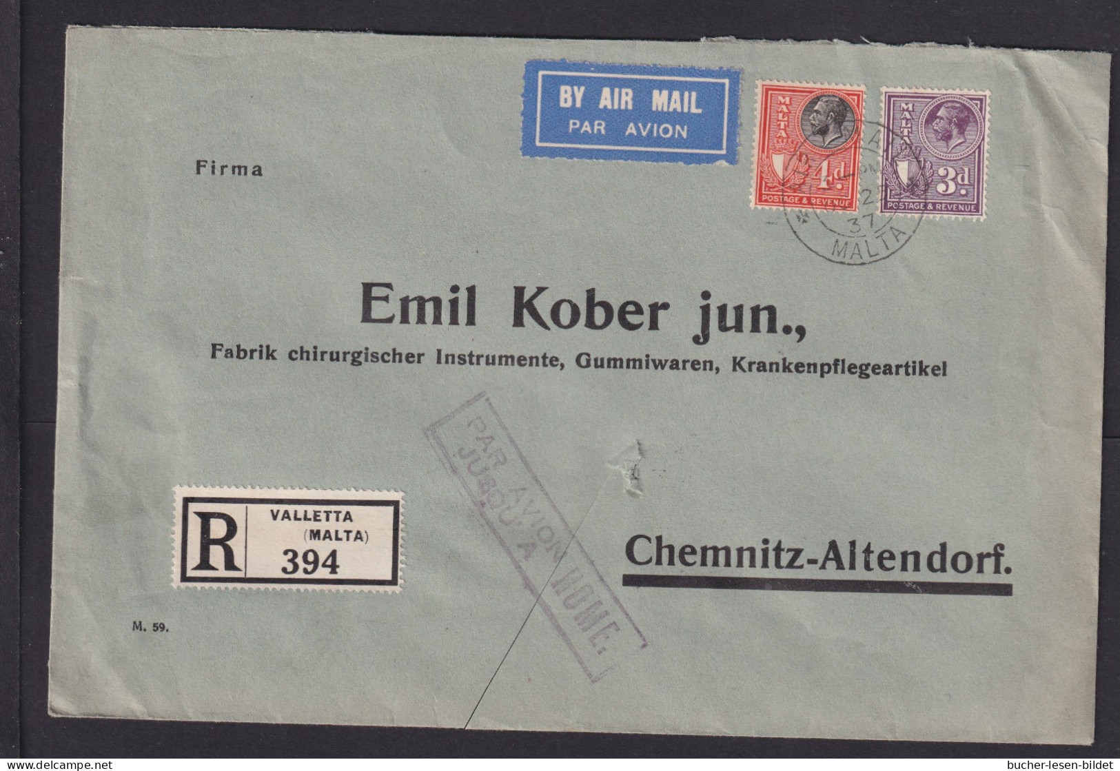1937 - Einschreib-Luftpostbrief Ab Valetta Nach Chemnitz - Mängel - Malte (Ordre De)