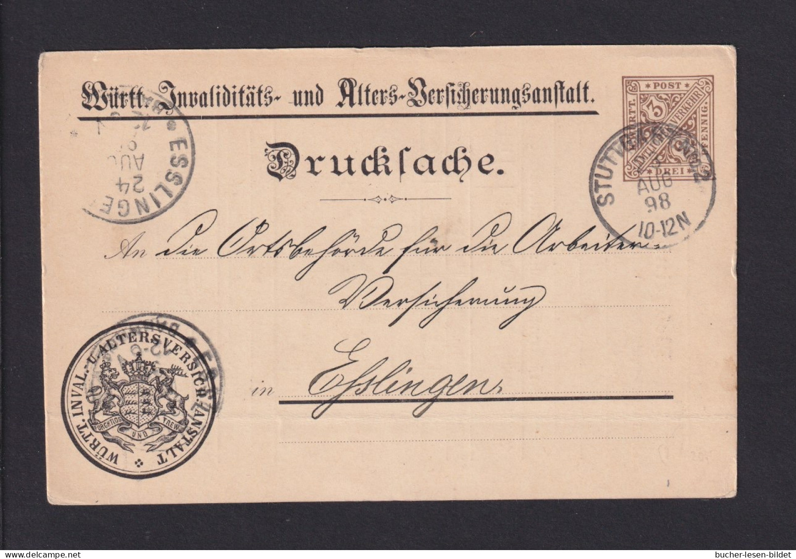 1898 - 3 Pf. Dienst-Ganzsache "Invaliditäs.- Und Alters-Versicherungsanstalt"  (DPB 66/01) Ab Stuttgart - Sonstige & Ohne Zuordnung