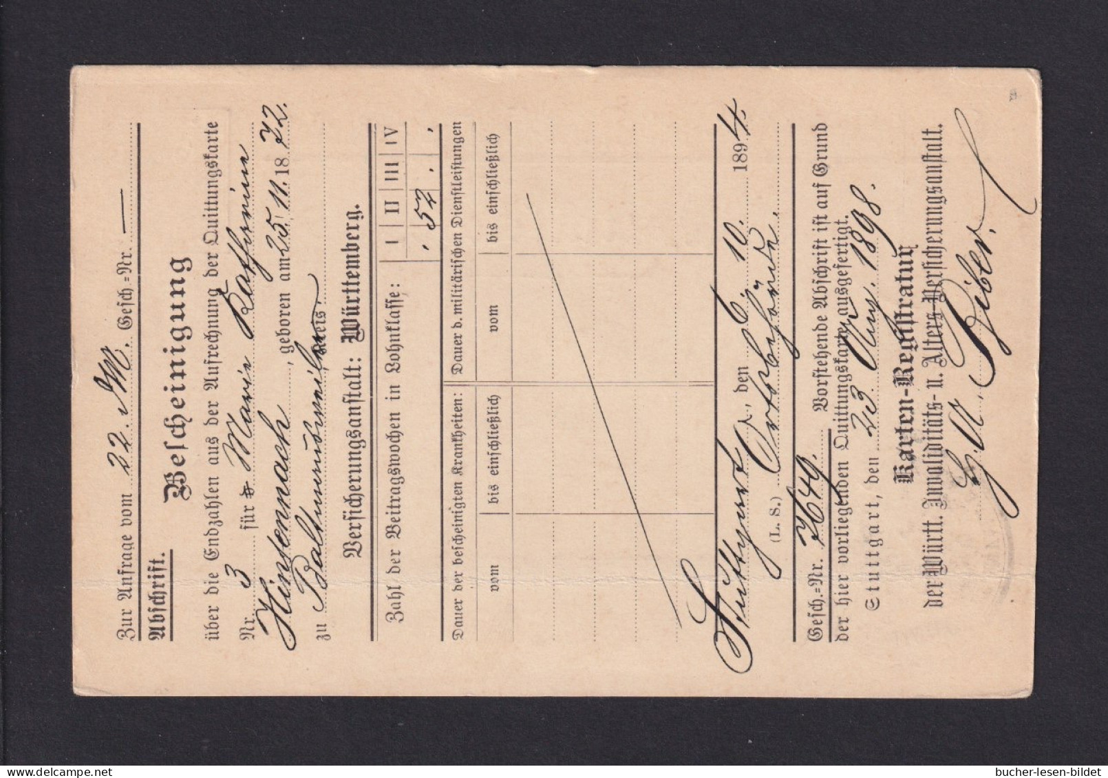 1898 - 3 Pf. Dienst-Ganzsache "Invaliditäs.- Und Alters-Versicherungsanstalt"  (DPB 66/01) Ab Stuttgart - Other & Unclassified