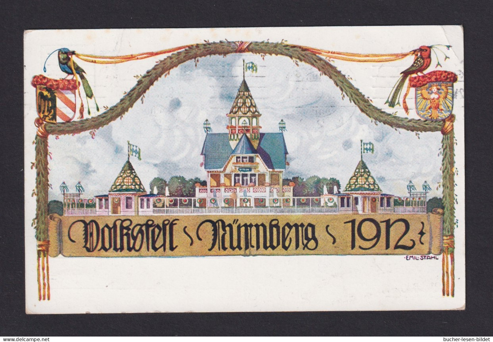 1912 - 5 Pf. Privat-Ganzsache Nürnberg "2 Vögel Halten Band" - Gebraucht Ab Nürnberg - Passereaux