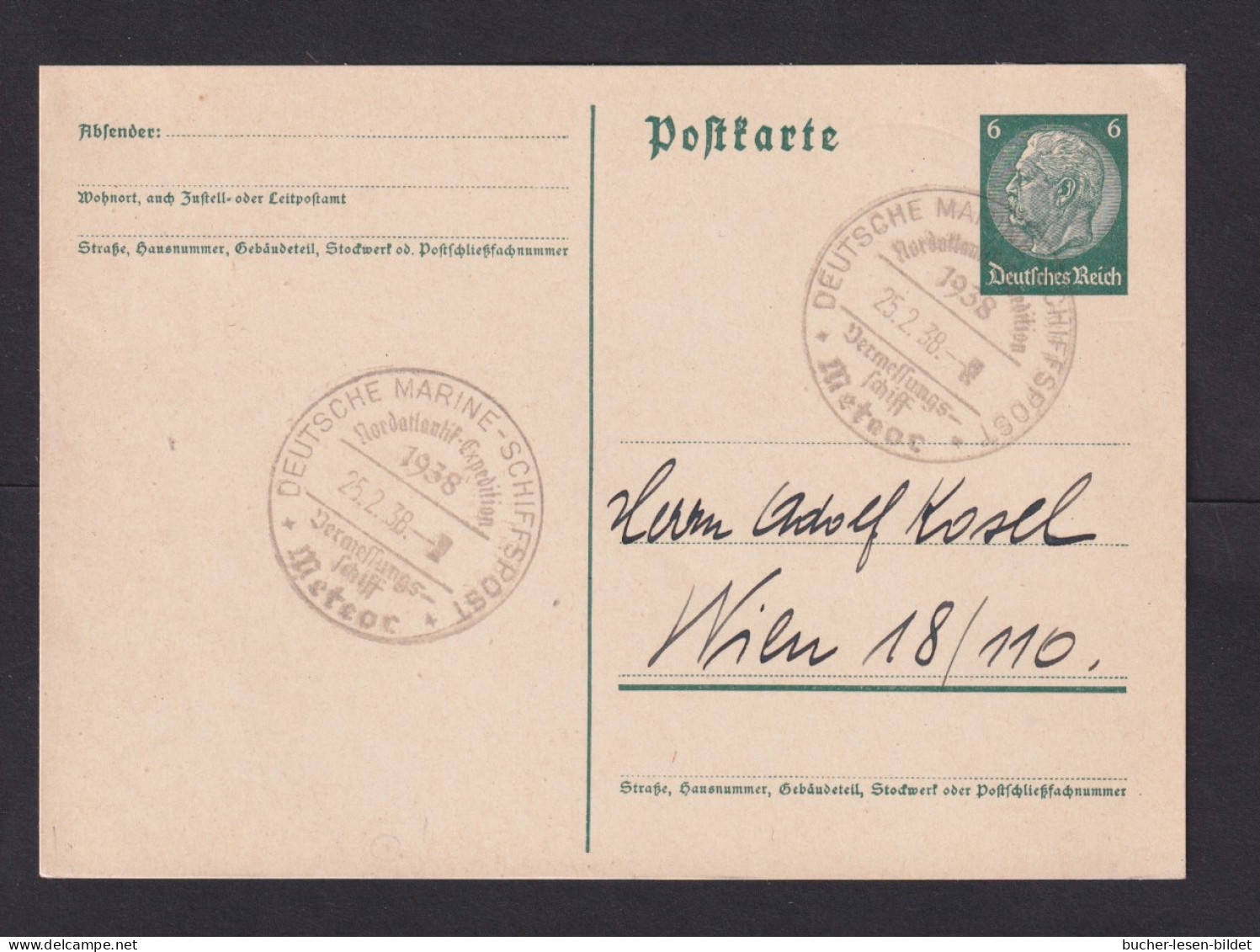 1938 - Schiffspost-Stempel "Nordatlantik-Expedition - Vermessungsschiff Meteor" - Ganzsache - Spedizioni Artiche