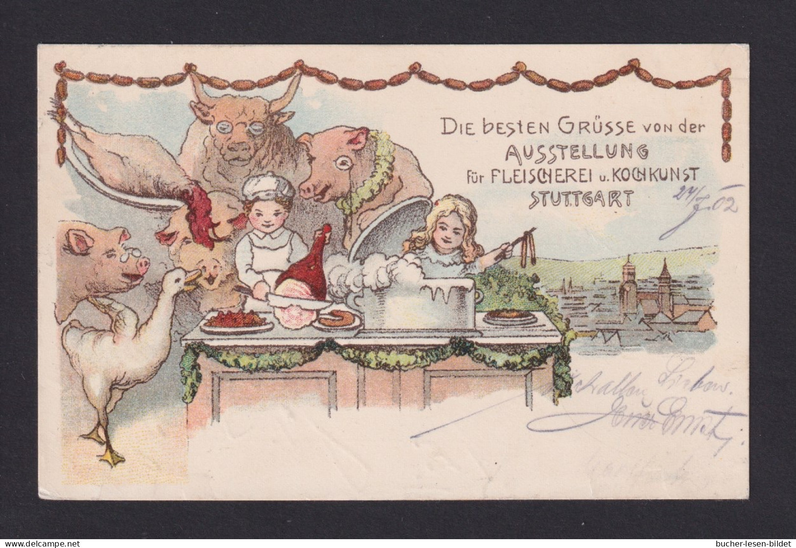 1902 - 5 Pf. Privat-Ganzsache "Rind, Schwein, Gans - Kochen" - Ab Stuttgart - Hoftiere