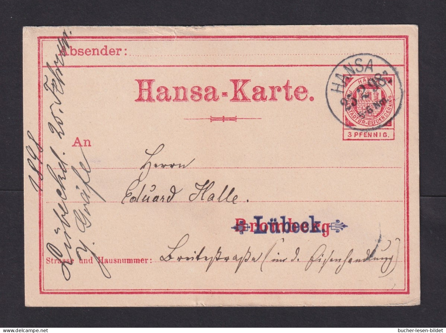 LÜBECK - 1898 - 3 Pf. Ganzsache Von Bromberg Mit "Lübeck" überdruckt - Gebraucht In Lübeck - Privatpost