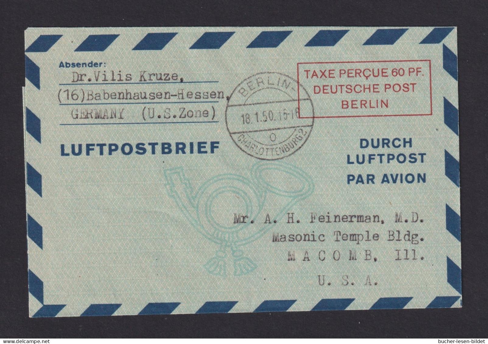 1950 - 60 Pf. Luftpost-Ganzsache (LF 2aI) Ab Berlin Nach USA - Altri & Non Classificati