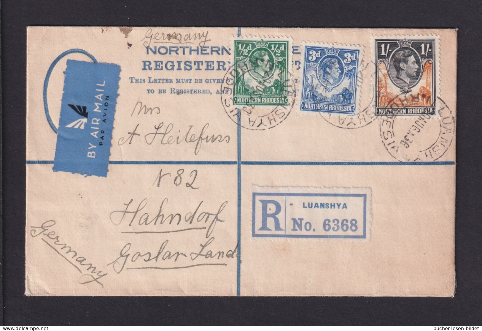 1938 - 4 P. Einschreib-Ganzsache Per Luftpost Ab LUANSHYA Nach Deutschland - Noord-Rhodesië (...-1963)