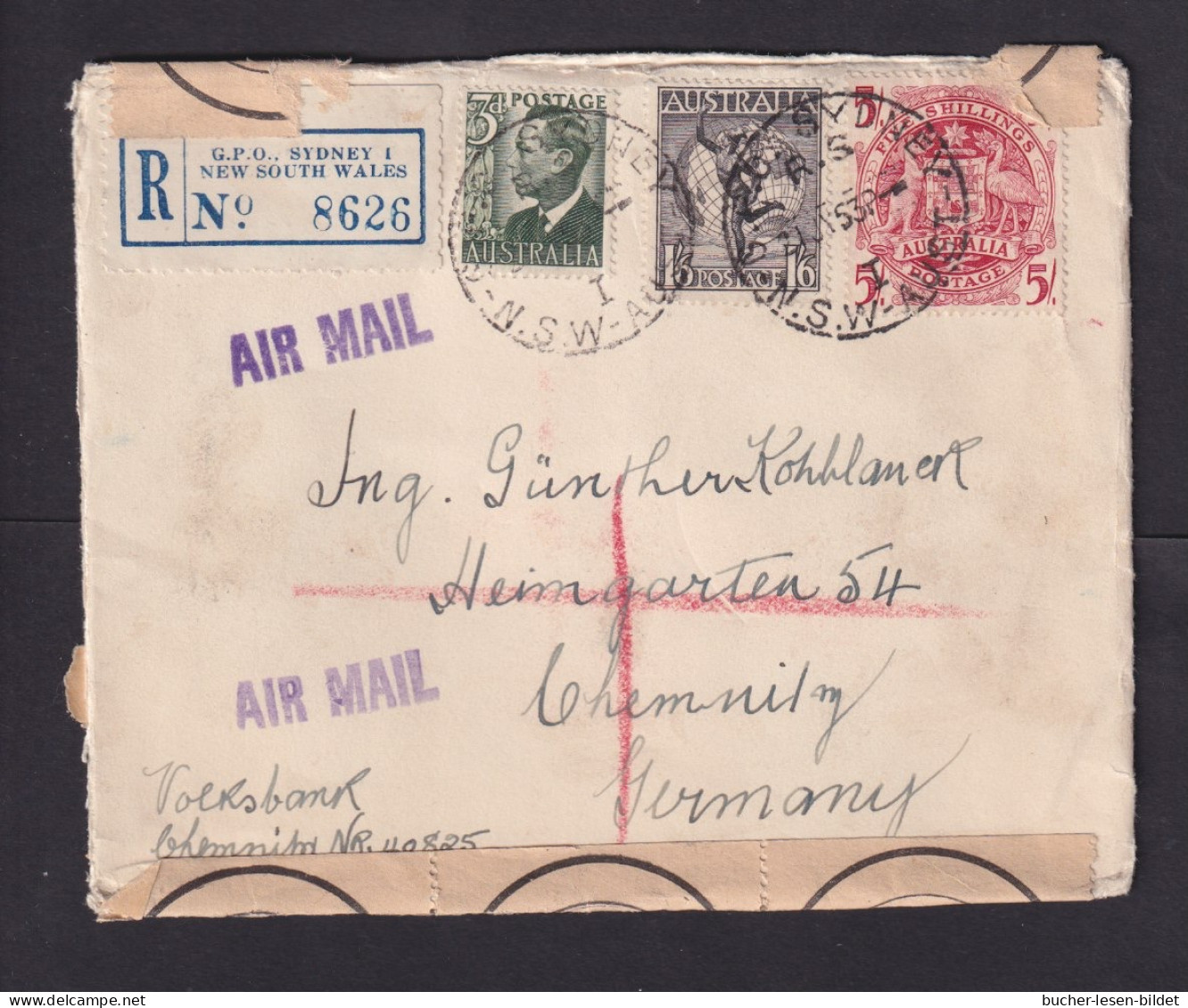 1953 - 5 Sh. Mit Zufrankatur Auf Luftpost-Einschreibbrief Ab Sydney Nach Deutschland  - Lettres & Documents